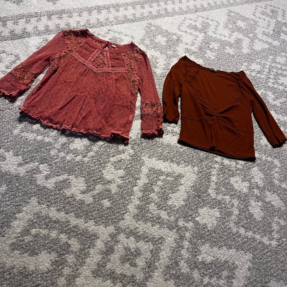 2 Free People Lace Sweetheart Peasant Top Shirt Blouse Orange Mauve S Victorian.